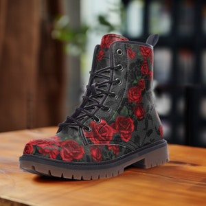 Vintage Roses Casual Boots, Vegan Leather Lightweight boots, Red Roses image 1