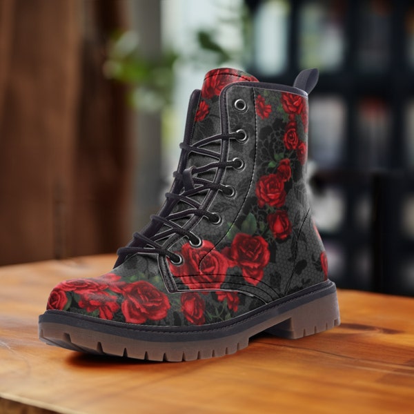 Vintage Roses Casual Boots, Vegan Leather Lightweight boots, Red Roses
