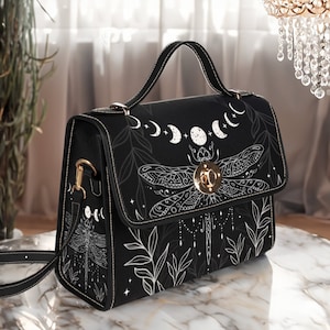 Cartable Witchcore, sac à main en cuir végétalien lune, sac à bandoulière libellule, sac de sorcière, cadeau pour amateur de sorcière, cadeau bohème