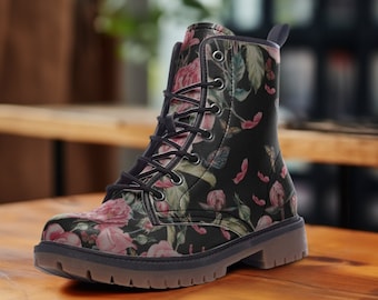 Black And Pink Roses Casual Vegan Leather Lightweight Boots, Flower boots, Boots Design, Black Boots