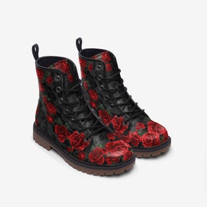 Vintage Roses Casual Boots, Vegan Leather Lightweight boots, Red Roses image 2