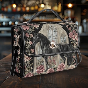 Bolso vintage de caballo negro, bolso satchel de cuero Witchy Vengan, cartera estilo cottagecore para mujer, bolso de mano, bolso bohemio, regalo para amantes de los caballos.
