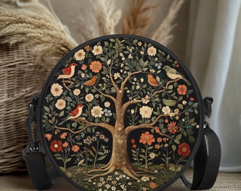 Tree of Life Satchel Bag, Round Handbag, Crossbody Bag for Phone Wallet,  Cottagecore Fashion, Boho Bag, Gift for Woman, Bird bag Forest Bag