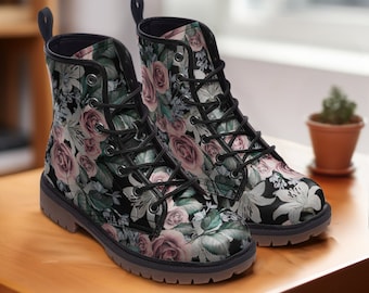 Pink Roses Boots Design, Casual Vegan Leather Lightweight boots, Flower Boots, Perfect Gift for Woman