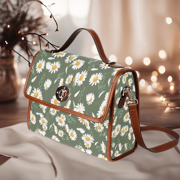 Cottagecore Daisy Bag, Cute Canvas Satchel, Vegan Leather Strap Crossbody Purse, Flower Handbag for Women, Hippie Boho Gift, Flower Cute Bag