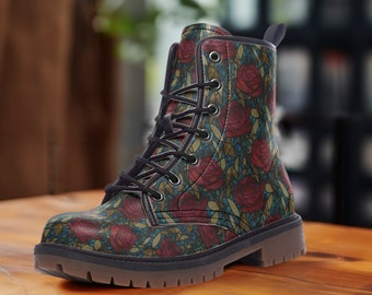 Stained Glass Roses Boots, Casual Vegan Leather Boots, Witch Boots, Cottage Core Boots, Rose Shoes, Gothic Shoes, Gift for Woman