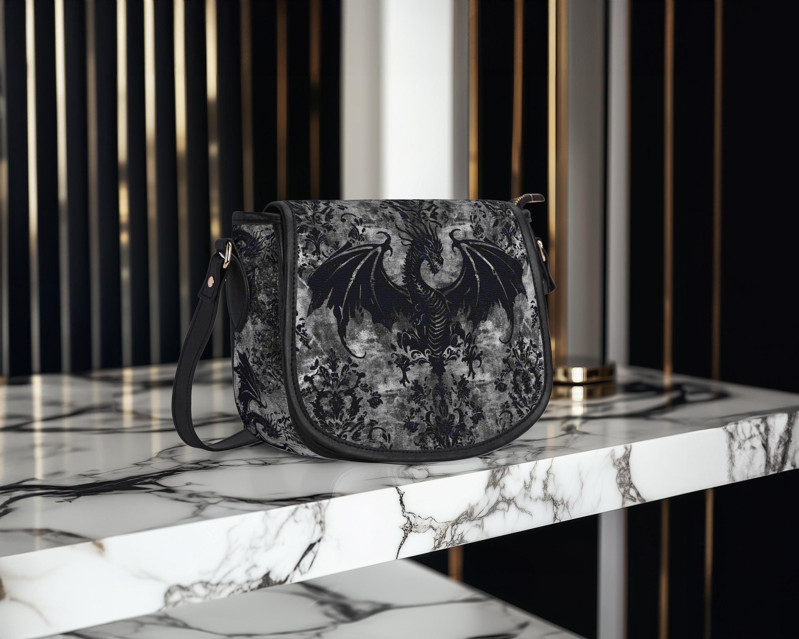 Dragon Crossbody Bag, Faux Velvet Cross Body Bags, Gift for Dragon Lover, Goth Saddle Bag, Messenger Bag With Dragon Print, Witchcore, Wings