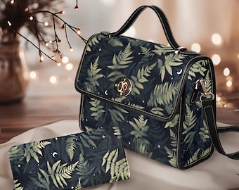 Boho Fern Canvas Satchel Bag | Green Crossbody Moon Purse | Adjustable Cottagecore Vegan Leather Handbag