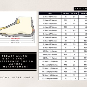 May include: A chart showing shoe sizes in men's and women's sizes, European sizes, UK sizes, and insole length in inches. The chart is titled "UNIT: INCH". The text "PLEASE ALLOW 0.5" - 1 INCH DIFFERENCE DUE TO MANUAL MEASUREMENT" is below the chart. The text "BROWN SUGAR MAGIC" is at the bottom of the chart.