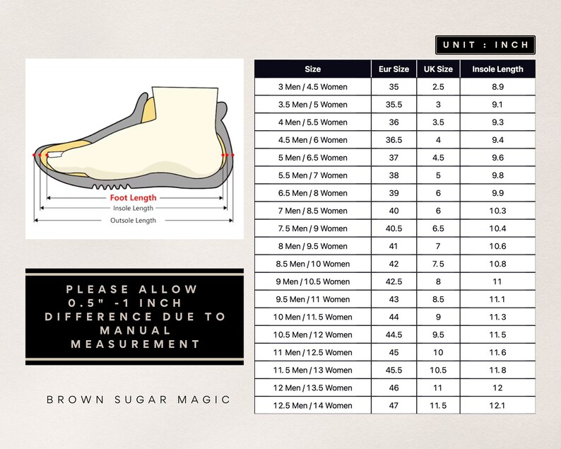 May include: A chart showing shoe sizes in men's and women's sizes, European sizes, UK sizes, and insole length in inches. The chart is titled "UNIT: INCH". The text "PLEASE ALLOW 0.5" - 1 INCH DIFFERENCE DUE TO MANUAL MEASUREMENT" is below the chart. The text "BROWN SUGAR MAGIC" is at the bottom of the chart.