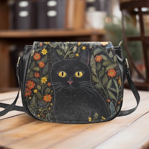 Sac à bandoulière chat, sacs à bandoulière chat noir, cadeau pour amoureux des chats, sacoche gothique, sac messager avec imprimé chat, Witchcore, sac à fleurs