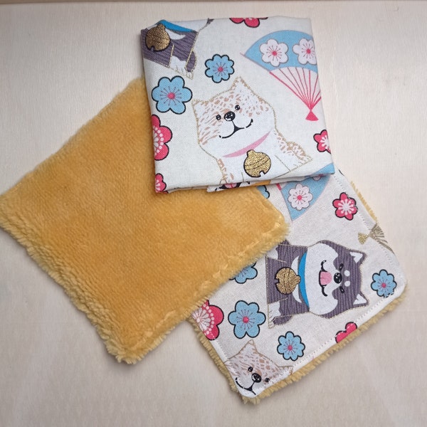 un rond de serviette et deux carrés coton assortis éponge bambou tissu japonais