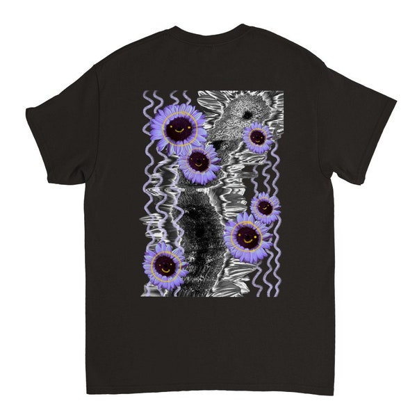 Schwarzes Baumwoll T-Shirt mit Blumen Print und Smileys, Grafikdesign