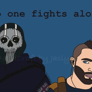 May include: A digital illustration of two characters, one wearing a black skull mask and the other with a mohawk and a beard. The text "No one fights alone" is at the top of the image.
