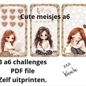 May include: Three rectangular cards featuring illustrations of a girl with brown hair. The first card shows a girl with a laptop and heart icons labelled with currency symbols. The second shows a girl with headphones. The third shows a girl hugging a cat.