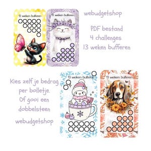 Op de afbeelding: Een verzameling geïllustreerde kaarten met schattige dieren en winterthema's. De kaarten tonen een zwarte kat met een vlinder, een kat met een bloemenkrans, een sneeuwpop in een mok en een beagle met bloemen. Tekst: "webudgetshop" en "13 weken bufferen".