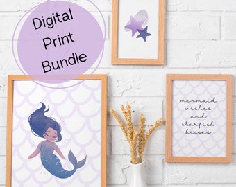 Mermaid Nursery Art Bundle of 3 Prints, Printable Girls Room, Starfish Artwork, Baby Girl Room, Nursery Decor, Digital Watercolor Poster