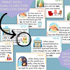 May include: A set of colorful printable cards with visual clues for a children's game. Each card features a different scene from the story of Jesus, with a corresponding clue written on the card. The cards are designed to help children learn about the life of Jesus.
