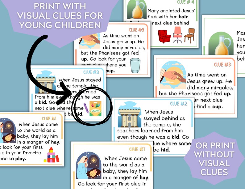 May include: A set of colorful printable cards with visual clues for a children's game. Each card features a different scene from the story of Jesus, with a corresponding clue written on the card. The cards are designed to help children learn about the life of Jesus.