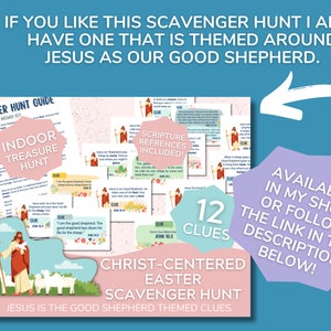 May include: A printable Easter scavenger hunt for kids with a Christian theme. The hunt features 12 clues with scripture references and illustrations of Jesus as the Good Shepherd. The text says "Jesus is the Good Shepherd Themed Clues".