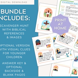 May include: A printable scavenger hunt game with a Christian theme. The game includes images and biblical references. The game is designed for children and includes an optional version with visual clues for younger children. The game also includes an answer key, blank pages, and optional backside pages.