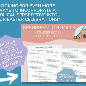 May include: A printable resource for Easter Sunday activities. The resource includes a recipe for Resurrection Rolls and a scripture guide for an interactive preschool activity. The image features a cartoon illustration of a tomb with a cross on top. The text "Resurrection Rolls" is in a pink box with a white border. The text "Includes Recipe & Scripture Guide" is in a white box with a pink border. The text "Interactive Preschool Activity" is in a blue box with a white border.