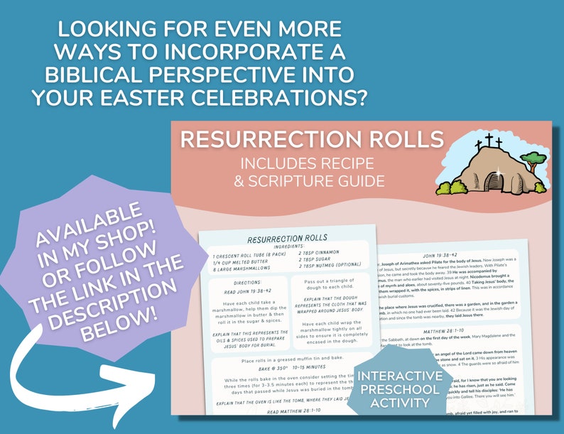 May include: A printable resource for Easter Sunday activities. The resource includes a recipe for Resurrection Rolls and a scripture guide for an interactive preschool activity. The image features a cartoon illustration of a tomb with a cross on top. The text "Resurrection Rolls" is in a pink box with a white border. The text "Includes Recipe & Scripture Guide" is in a white box with a pink border. The text "Interactive Preschool Activity" is in a blue box with a white border.