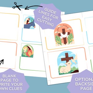 May include: Printable Easter game with images of a cross, a lamb, and a dove. The game includes a blank page for writing clues and an optional backside page. The images are surrounded by a colorful border and have guide lines for easy cutting.