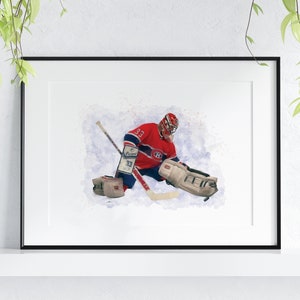 May include: A watercolour painting of a hockey goalie in a red and blue uniform, making a save. The goalie is wearing a helmet and pads, and is in a crouched position. The background is a white and blue watercolour wash.