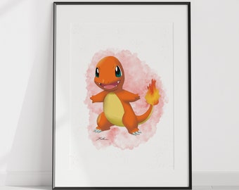 Charmander Poke Ball Digital Print PDF Printable Artwork Wall Art Downloadable Watercolor Painting Instant Wall Decor