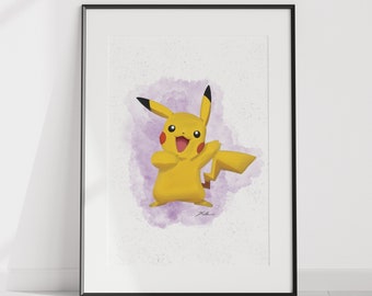 Pikachu Poke Ball Digital Print PDF Printable Artwork Wall Art Downloadable Watercolor Painting Instant Wall Decor