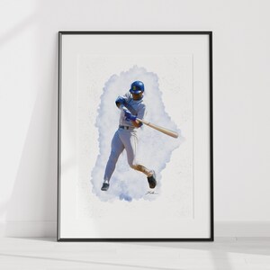 May include: A watercolor painting of a baseball player in a blue and white uniform swinging a bat. The player is surrounded by a blue watercolor cloud.