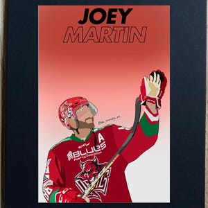 May include: A digital illustration of hockey player Joey Martin wearing a red and green jersey with the text "BLUCS" and "Powering Construction" on it. The background is a gradient of red and orange.