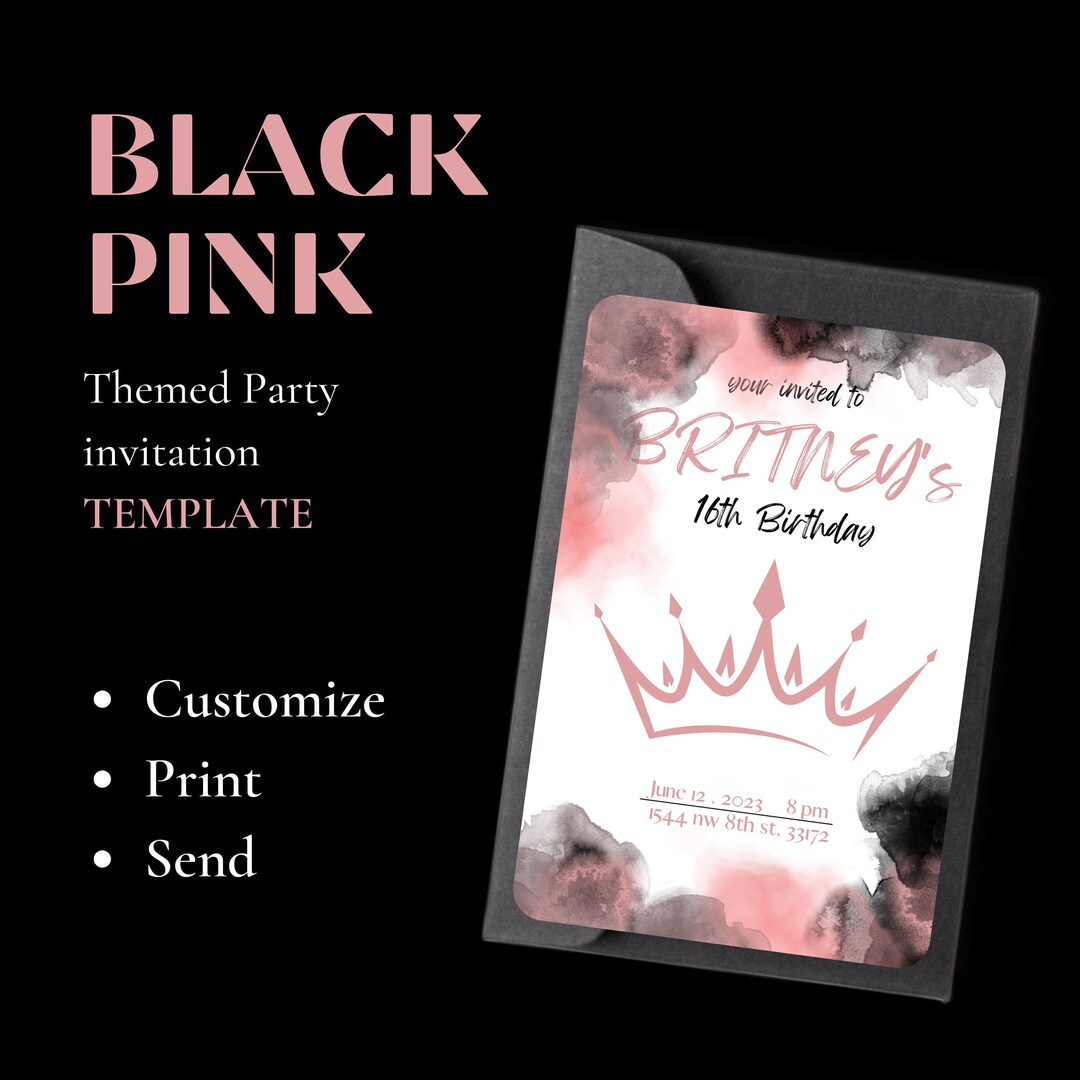 Black Pink Themed Invitation , Canva Template , Black Pink Water Color ...