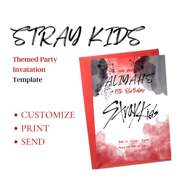 Stray Kids themed birthday invitation , canva template , stray kids water color