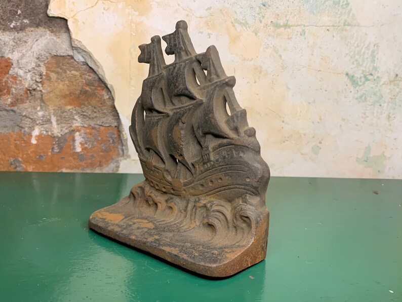 Vintage Cast Iron Spanish Galleon Ship Bookend Copper Patina, Naval