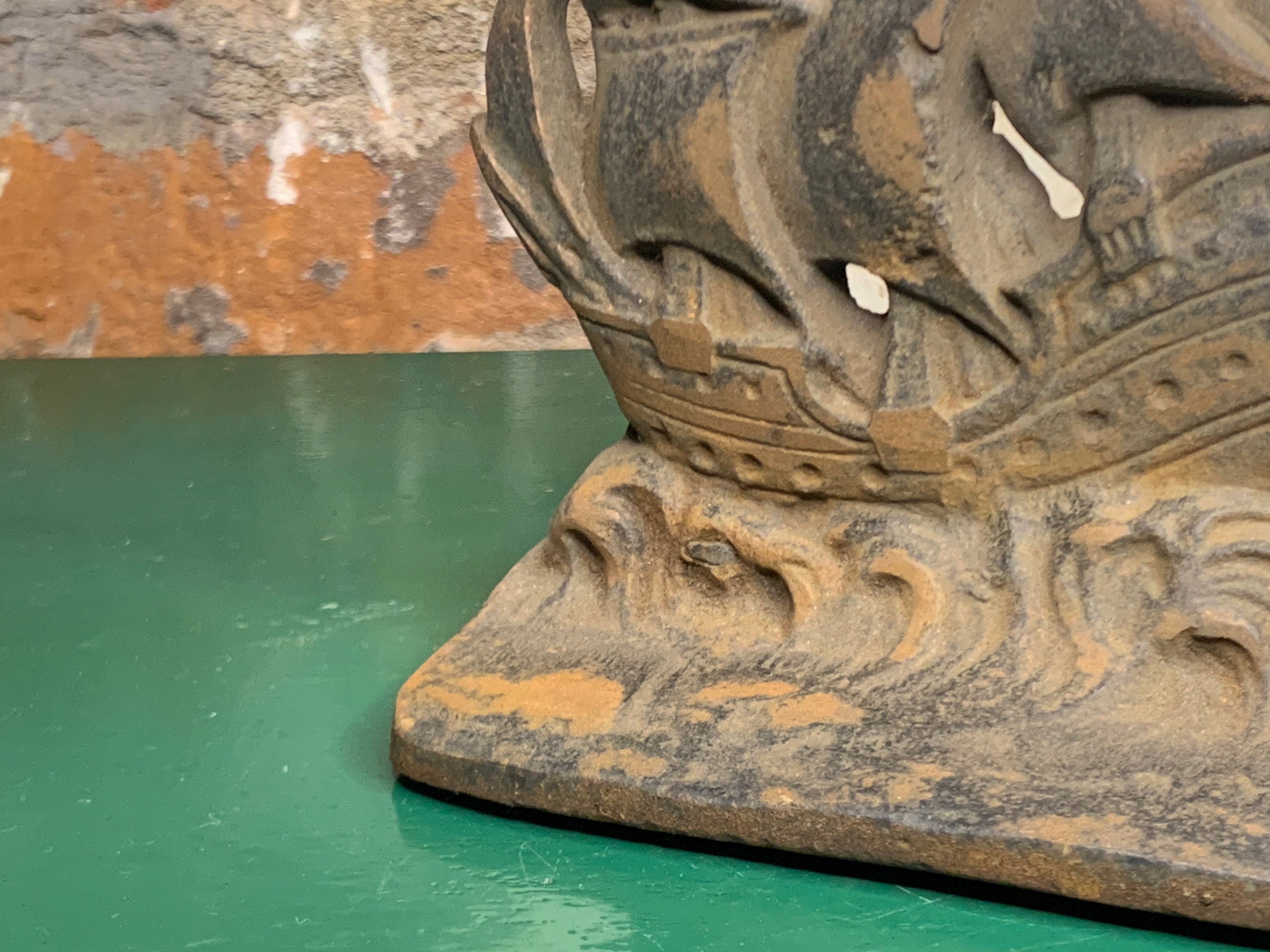 Vintage Cast Iron Spanish Galleon Ship Bookend Copper Patina, Naval