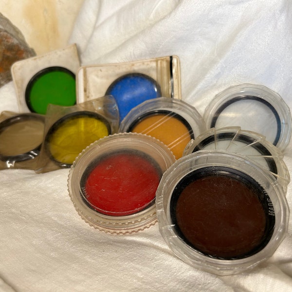 9 Vintage Camera Filter Lenses - Spiratone, Vivitar, Hoya, Milo, Rolev, Cross, Japan