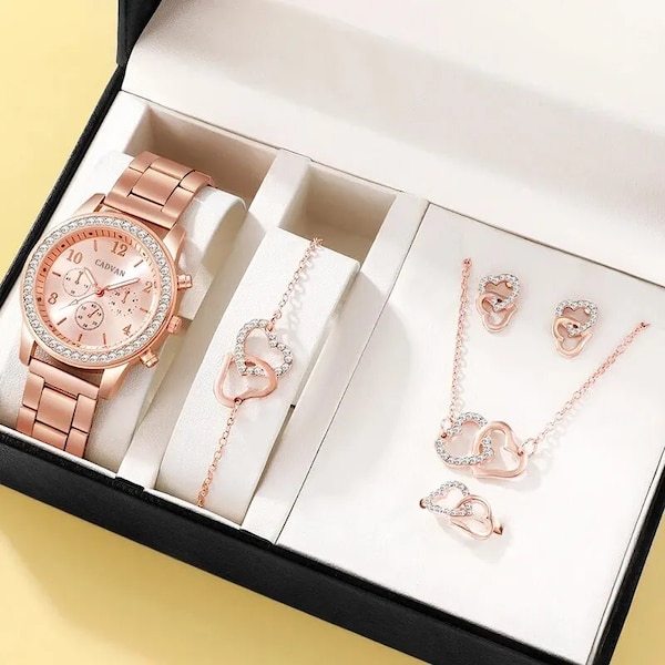 6pcs Set Rose Gold Luxury Watch Women Ring Necklace Earring Rhinestone Fashion Wristwatch Casual Ladies Bracelet Watch