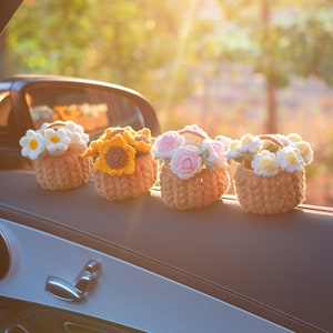 Sonnenblume Auto Armaturenbrett Dekorationen, Armaturenbrett Bobbleheads  gestrickte Blumen für Frauen Auto Ornament Zubehör