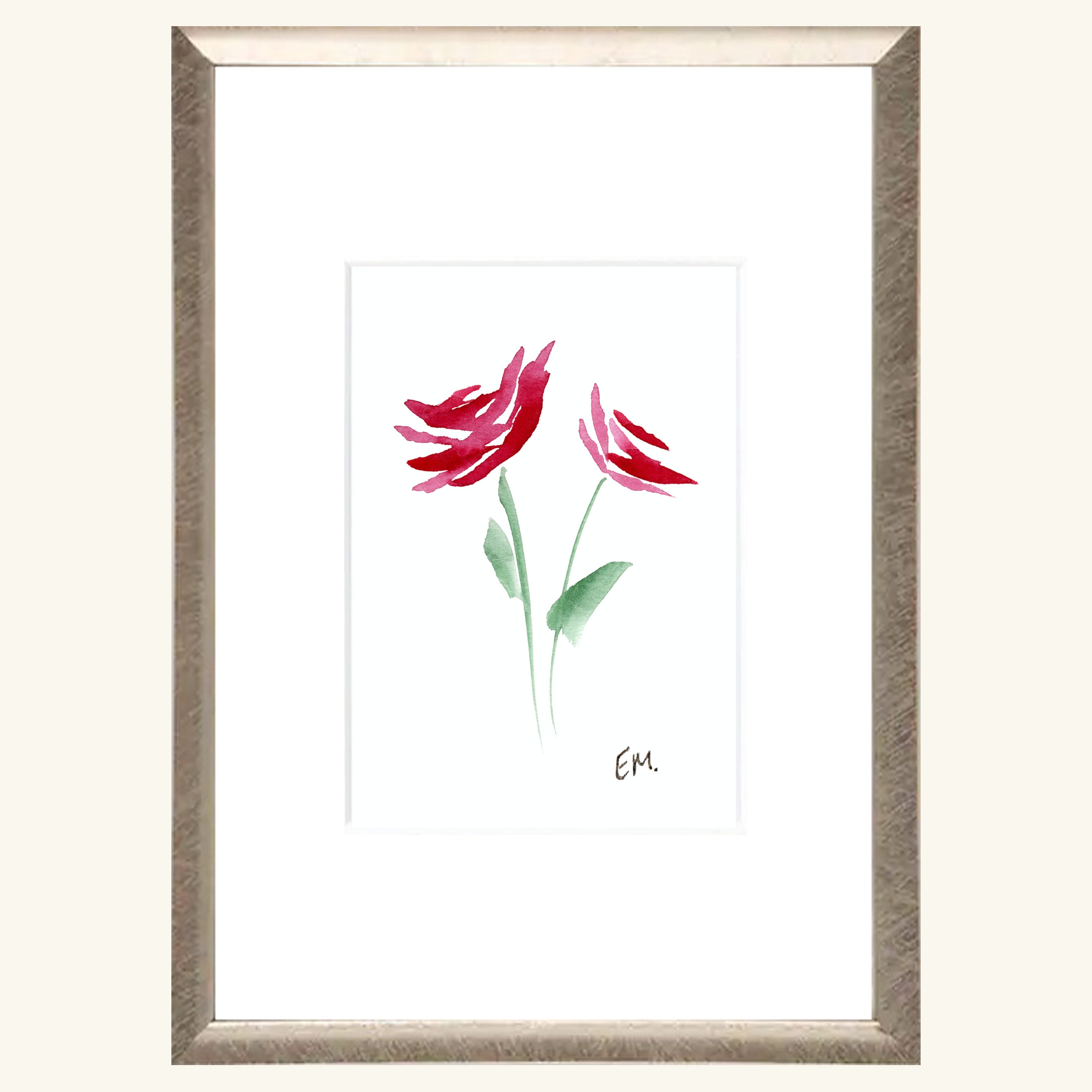 2 Red Roses Art TWO RED ROSES Watercolor Painting, Botanical Art, Floral, Vase, Potted ...