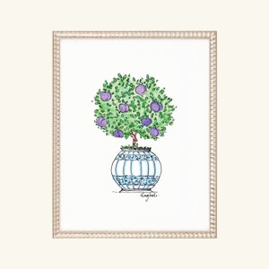 PLUM TREE WATERCOLOR  Painting, Botanical Art, Floral, Vase, Potted Plant, Green, Original Art, Digital Art, Wall Art, Flower, Artwork, Blue