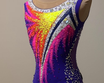 NEW Purple with neon pink, yellow and orange brand new leotard for rhythmic gymnastics, height 135-145 cm.
