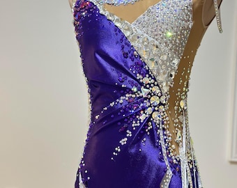 Rhythmic gymnastics leotard for performance, dance competition dress, silky purple with silver dress, sleeveless with skirt, unique design