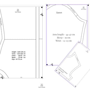 May include: A sewing pattern for a leotard featuring a main body piece, a sleeve piece, and a front half-sketch. The pattern includes text labels for seam allowance, Glory Leotards, and measurements for height 128-134 cm, torso 115-120 cm, chest 64-67 cm, waist 57-60 cm, hips 67-71 cm, arm length 44-47 cm, bicep 19 cm, and wrist 12-13 cm.