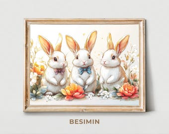 Conejitos de Pascua Impresión Lindos conejos con flores de primavera Arte de pared de guardería neutral Conejito de Pascua vintage Decoración de conejo imprimible Conejo de primavera
