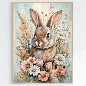 Floral Bunny Printable Art - Vintage Woodland Rabbit Wall Decor - Spring Animal Nursery Digital Download - Wildflower Bunny Digital Print