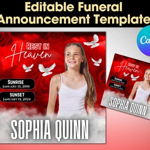 Memorial Funeral Announcement Flyer, Funeral Announcement Template, Funeral Invite Invitation, Rest In Peace Editable Flyer Editable Custom
