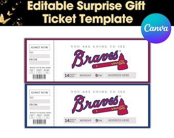 Atlanta Braves Ticket Gift template, baseball Ticket, Ticket template, Keepsake printable Ticket, Surprise ticket, Braves Ticket