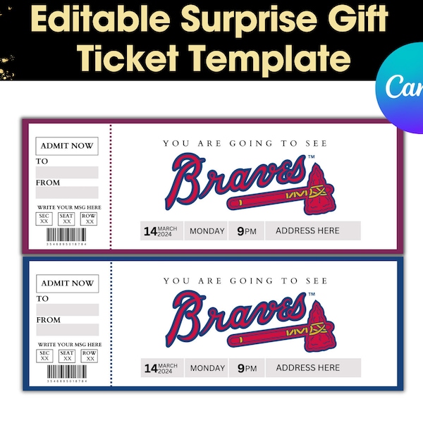 Plantilla de regalo de boleto de los Bravos de Atlanta, boleto de béisbol, plantilla de boleto, boleto imprimible de recuerdo, boleto sorpresa, boleto de los Bravos